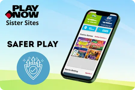 PlayNow Safer Play graphic with a smartphone displaying the casino and sports betting platform